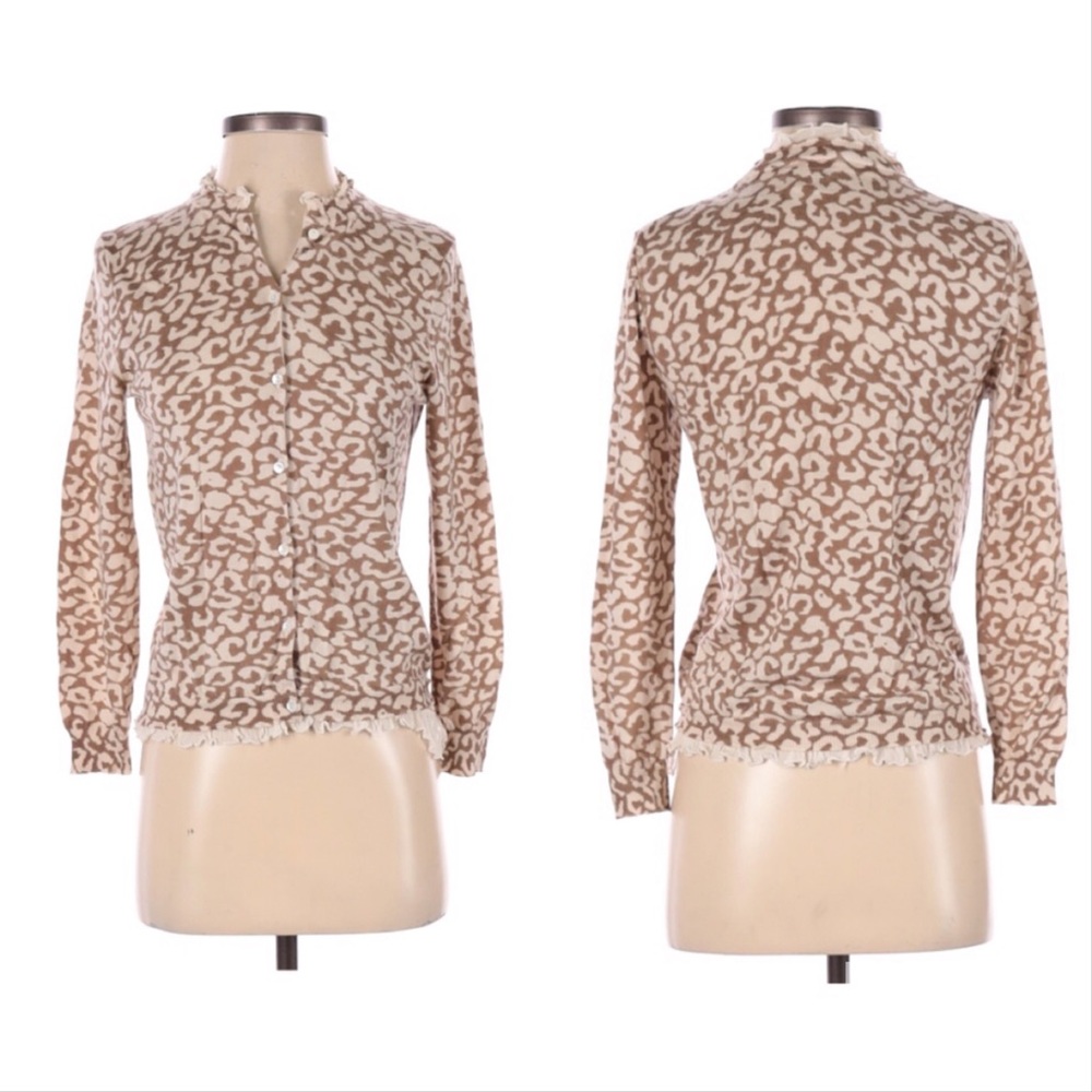 J. Crew Merino Wool Leopard Tan White Front Button Cardigan Sweater Medium - Picture 2 of 5